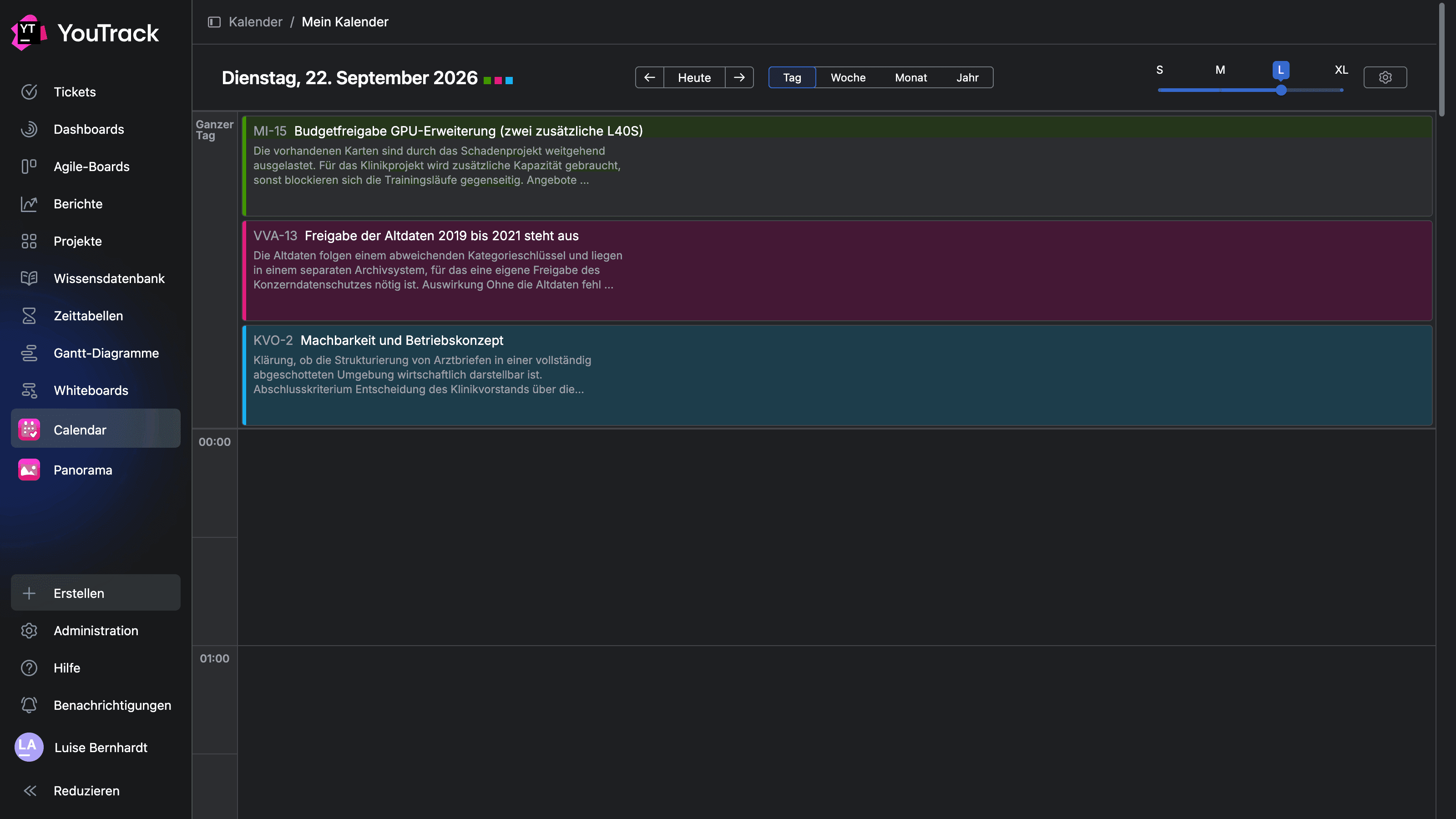 "Il mio calendario" come applicazione principale nella barra laterale di YouTrack